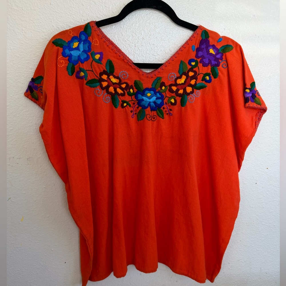 Hand Crafted Orange Blouse with Floral Embroidery size large